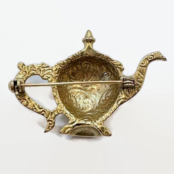 Teapot Brooch, 1928, Gold Tone, Vintage, Etched, Pin - Picture 4 of 4
